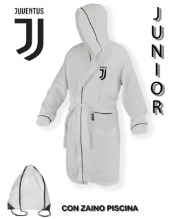 Accappatoio BAMBINO Ragazzo ORIGINALE Juve JUVENTUS In Microspugna BIANCO NERO Con Zaino PISCINA