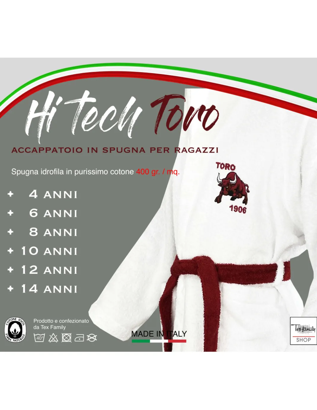 ACCAPPATOIO TORO TORINO BIMBO bambino RAGAZZO IN SPUGNA di puro cotone MADE IN ITALY
