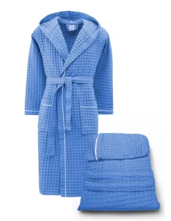 Accappatoio Uomo Donna in Cotone con Cappuccio, BEEApone® Nido d’Ape, Colore Azzurro, Asciugatura Rapida, Morbido