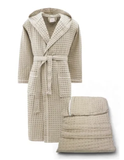 Accappatoio Uomo Donna in Cotone con Cappuccio, BEEApone® Nido d’Ape, Colore Beige, Asciugatura Rapida, Morbido