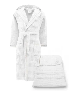 Accappatoio Uomo Donna in Cotone con Cappuccio, BEEApone® Nido d’Ape, Colore Bianco, Asciugatura Rapida, Morbido