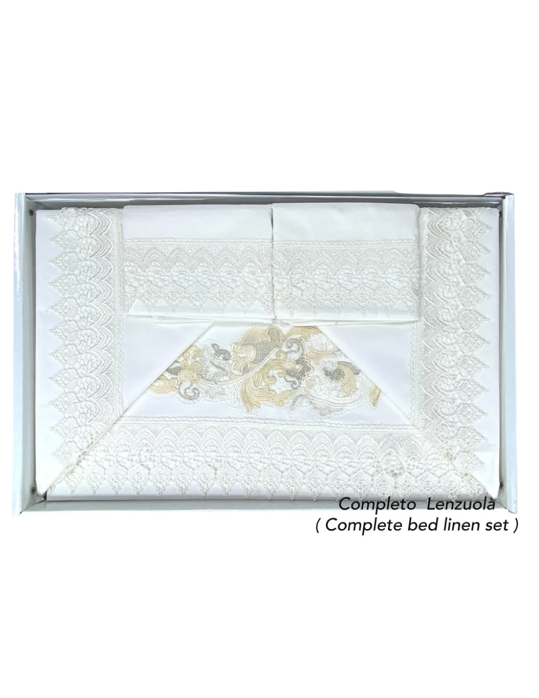 Bauletto Aurora – Completo Lenzuola Matrimoniali Puro Cotone & Copriletto con Pizzo Macramè Intarsiato – Made in Italy
