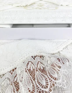 BAULETTO GRETA CON pizzo MACRAMÈ RICAMATO PANNA MATRIMONIALE lenzuolo E COPRILETTO IDEA SPOSA