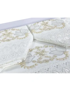 BAULETTO GRETA CON pizzo MACRAMÈ RICAMATO PANNA MATRIMONIALE lenzuolo E COPRILETTO IDEA SPOSA