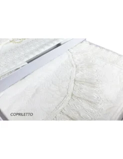 BAULETTO GRETA CON pizzo MACRAMÈ RICAMATO PANNA MATRIMONIALE lenzuolo E COPRILETTO IDEA SPOSA