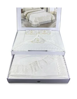 BAULETTO GRETA CON pizzo MACRAMÈ RICAMATO PANNA MATRIMONIALE lenzuolo E COPRILETTO IDEA SPOSA