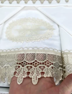 BAULETTO JENNY CON pizzo MACRAMÈ ECRÙ MATRIMONIALE lenzuolo e COPRILETTO idea SPOSA