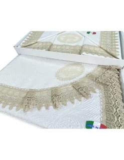 BAULETTO JENNY CON pizzo MACRAMÈ ECRÙ MATRIMONIALE lenzuolo e COPRILETTO idea SPOSA