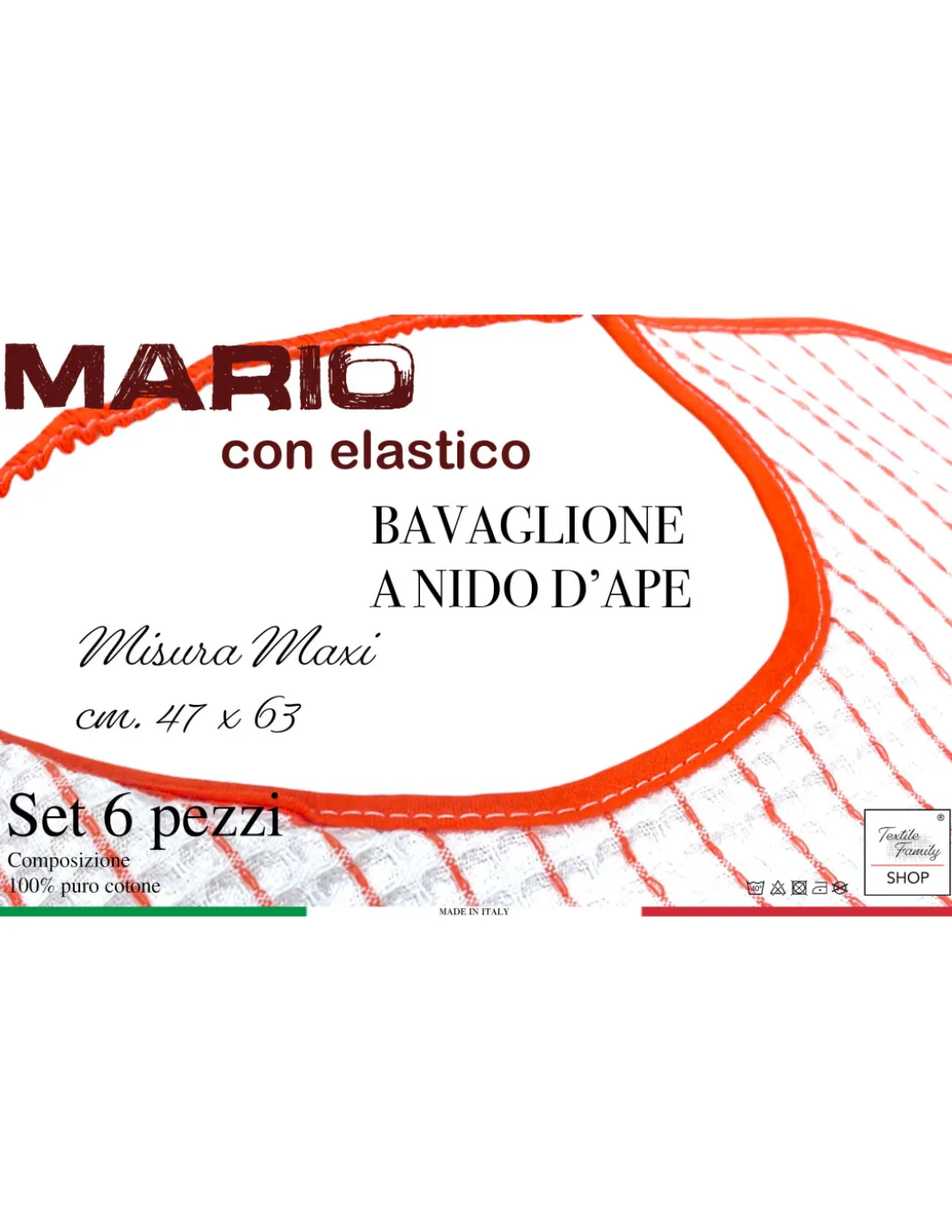 Bavaglio per Adulti e Anziani con Elastico MARIO| Set 6 Pezzi in Cotone Nido d'Ape, Assorbente, 47x63 cm | Made in Italy