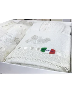 COMPLETO bagno CAORI Accappatoi IN SPUGNA ricamato CON PIZZO MACRAMÈ 8 Pezzi IDEA SPOSA