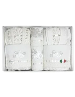 COMPLETO bagno CAORI Accappatoi IN SPUGNA ricamato CON PIZZO MACRAMÈ 8 Pezzi IDEA SPOSA