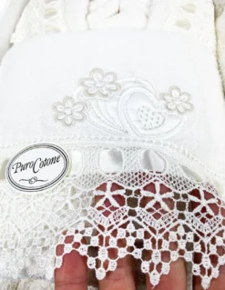 COMPLETO bagno CAORI Accappatoi IN SPUGNA ricamato CON PIZZO MACRAMÈ 8 Pezzi IDEA SPOSA