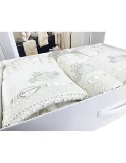 COMPLETO bagno CAORI Accappatoi IN SPUGNA ricamato CON PIZZO MACRAMÈ 8 Pezzi IDEA SPOSA