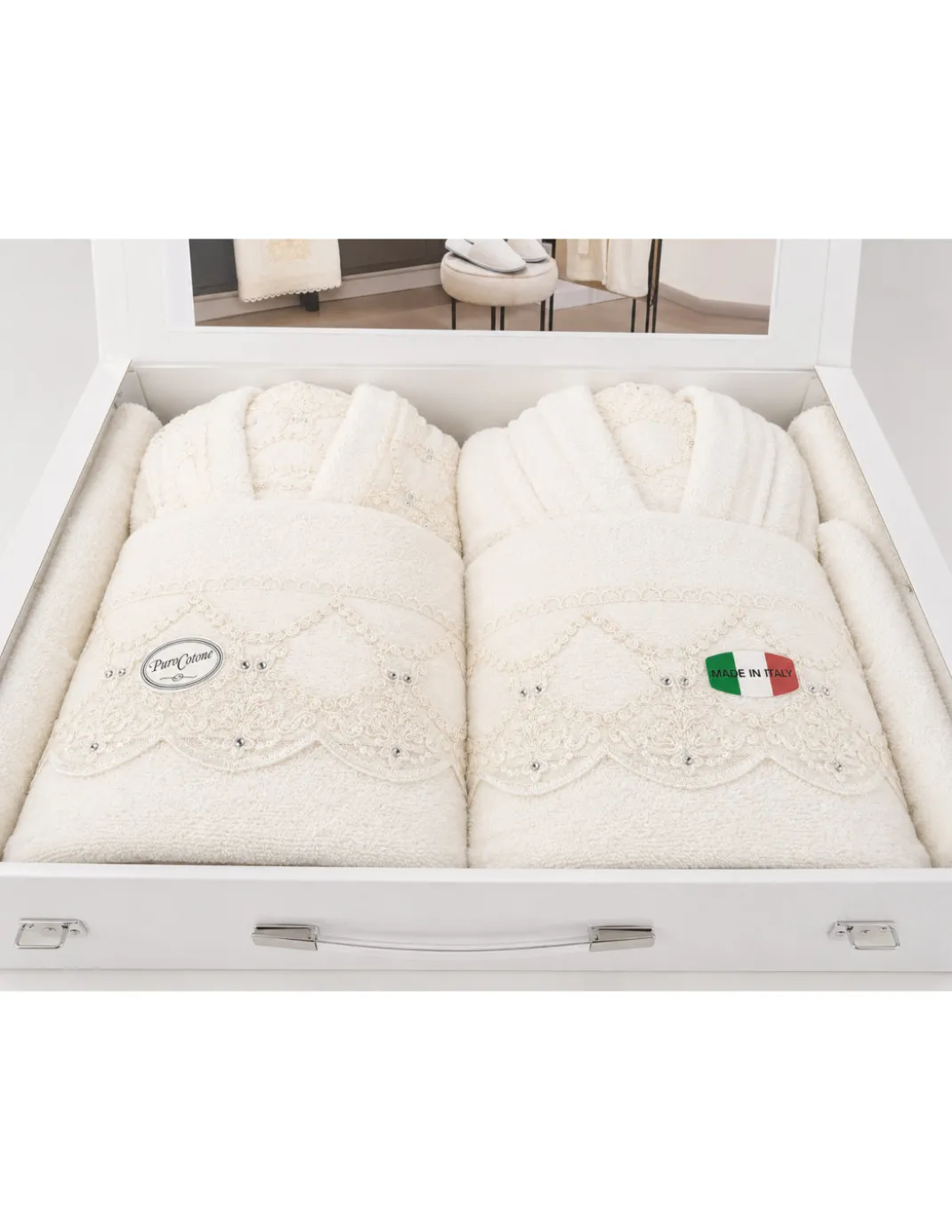 Completo Bagno Sposi 13 Pezzi Puro Cotone con Bauletto Made in Italy