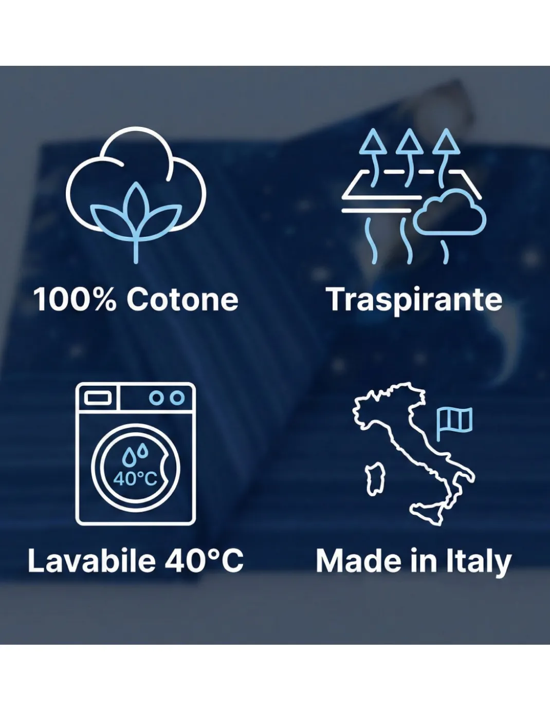 Completo Lenzuola Disegno Pianeti Blu 100% Cotone, Set Letto Spazio con Sotto con Angoli h25, Made in Italy