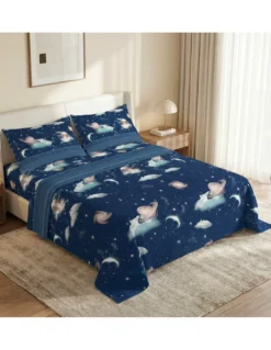 Completo Lenzuola Disegno Pianeti Blu 100% Cotone, Set Letto Spazio con Sotto con Angoli h25, Made in Italy