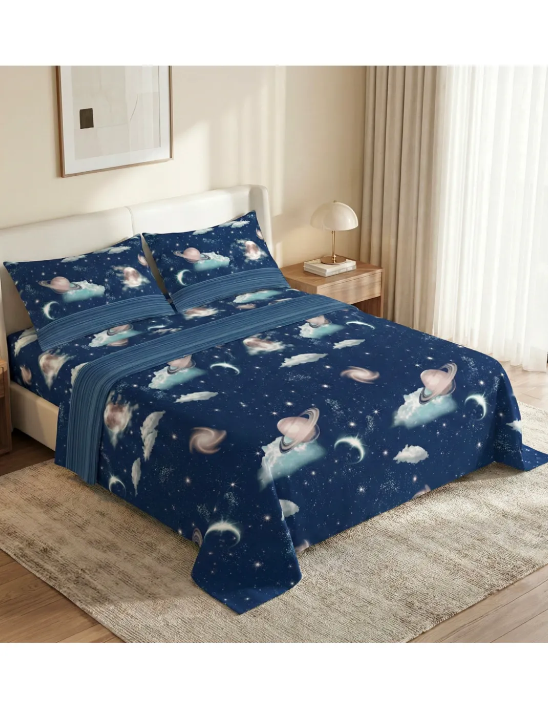 Completo Lenzuola Disegno Pianeti Blu 100% Cotone, Set Letto Spazio con Sotto con Angoli h25, Made in Italy
