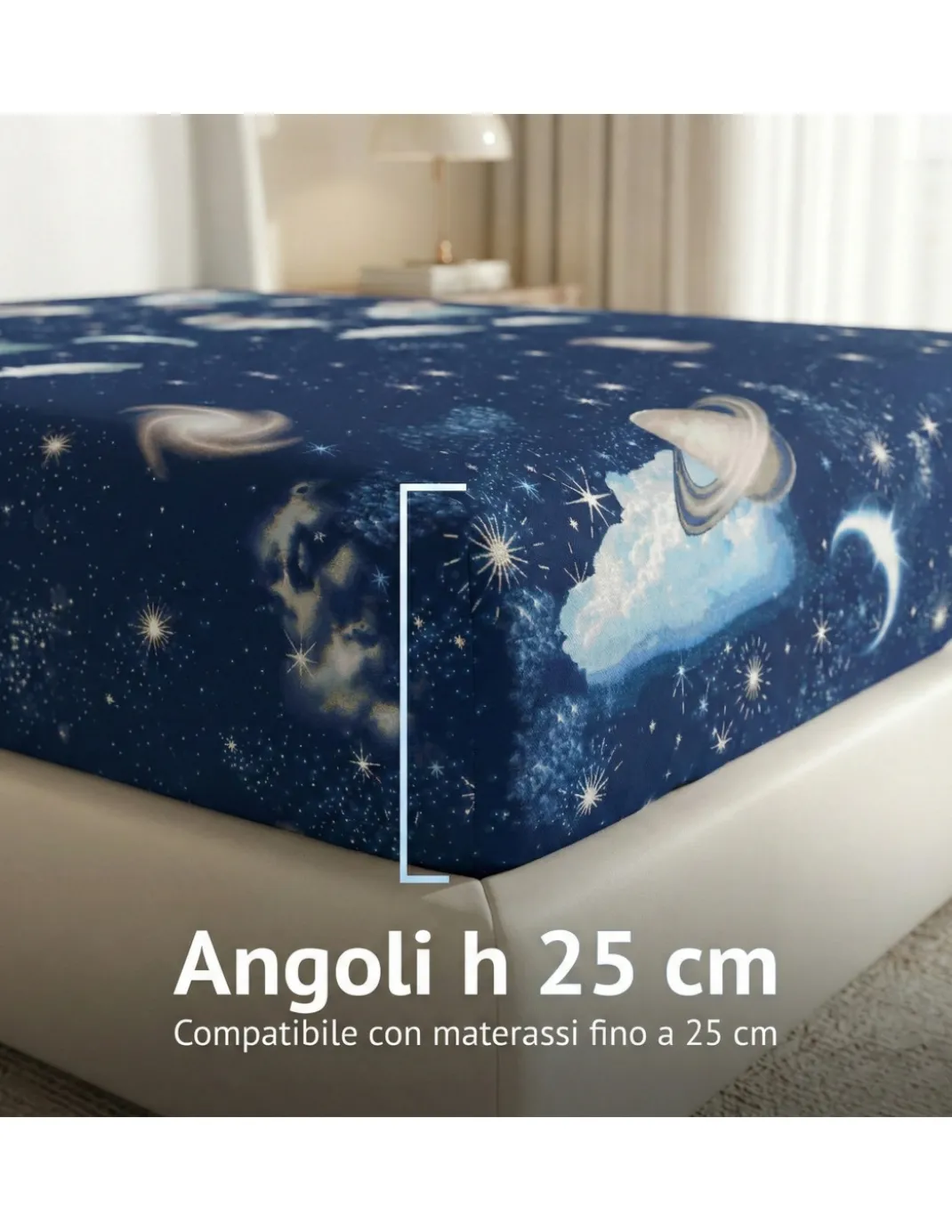 Completo Lenzuola Disegno Pianeti Blu 100% Cotone, Set Letto Spazio con Sotto con Angoli h25, Made in Italy