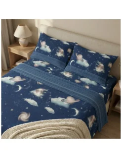 Completo Lenzuola Disegno Pianeti Blu 100% Cotone, Set Letto Spazio con Sotto con Angoli h25, Made in Italy