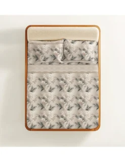 Completo Lenzuola Foglie Beige Sabbia - 100% Cotone - Stampa Naturale Elegante - Made in Italy, Traspirante