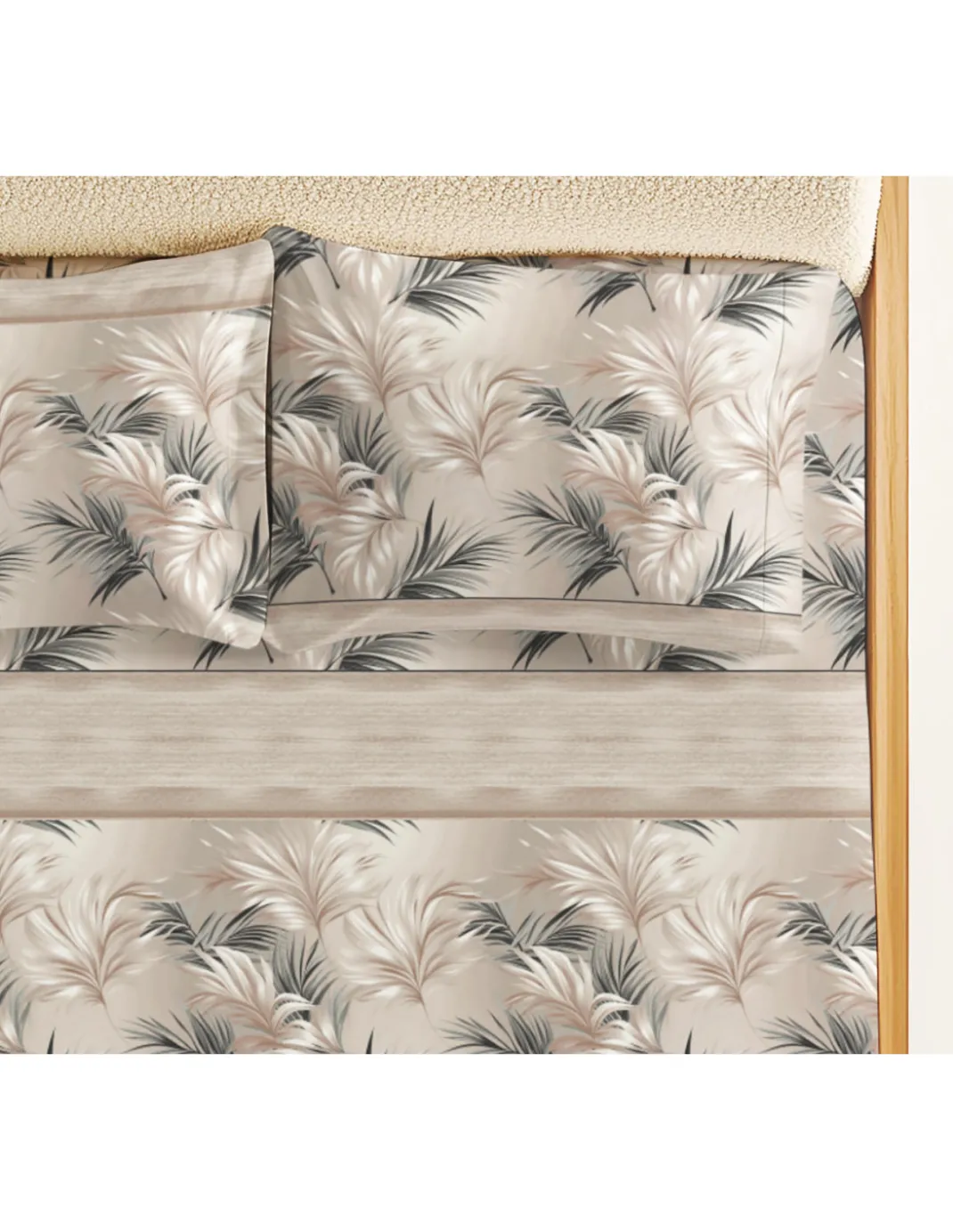 Completo Lenzuola Foglie Beige Sabbia - 100% Cotone - Stampa Naturale Elegante - Made in Italy, Traspirante