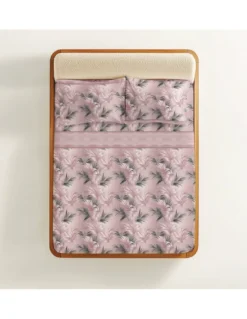 Completo Lenzuola Foglie Rosa - 100% Cotone Naturale - Elegante e Traspirante - Made in Italy, Lavabile