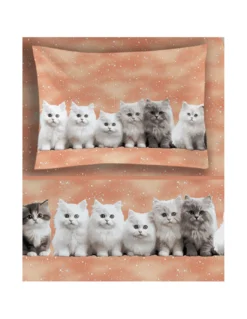 Completo Lenzuola Gattini Salmone - Stampa Dolce e Realistica - 100% Cotone - Made in Italy, Lavabile