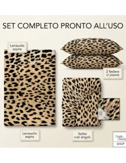 Completo Lenzuola Letto Safari Leopardato 100% Cotone Made in Italy – Sotto con Angoli H 25 cm
