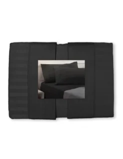 Completo Lenzuola Matrimoniali Cotone Nero Levante, Set Lenzuola Letto Matrimoniale, Raso Puro Cotone Rigato