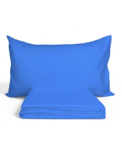 Completo Lenzuola Matrimoniale in Microfibra, Azzurro, Rasatello Rigato, No Stiro, 2 Piazze