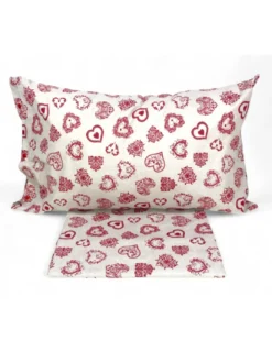 Completo Lenzuola Miros Cuore - Biancheria Letto Tirolese Cotone 100% - Cuori Rossi Made in Italy
