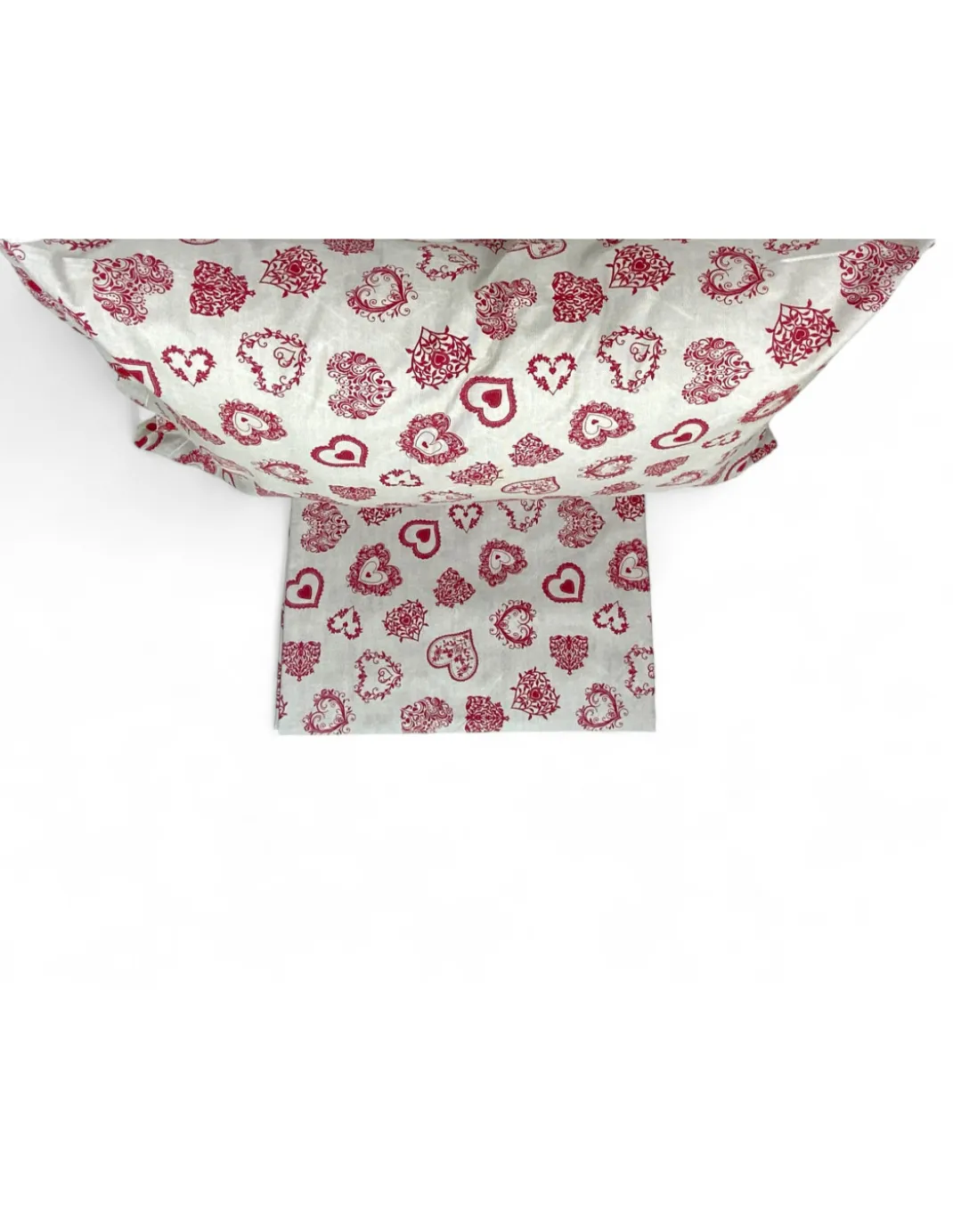 Completo Lenzuola Miros Cuore - Biancheria Letto Tirolese Cotone 100% - Cuori Rossi Made in Italy