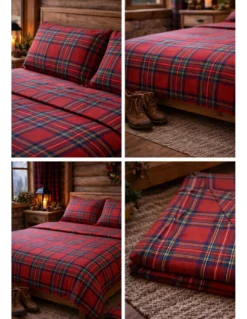 Completo Lenzuola Scozzese Tartan Rosso - Set Letto 100% Cotone Naturale - Caldo, Traspirante, Made in Italy