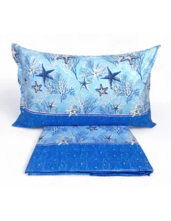 Completo Lenzuola Stelle Marine Blu – Motivo Coralli e Stelle – 100% Cotone – Made in Italy, Lavabile