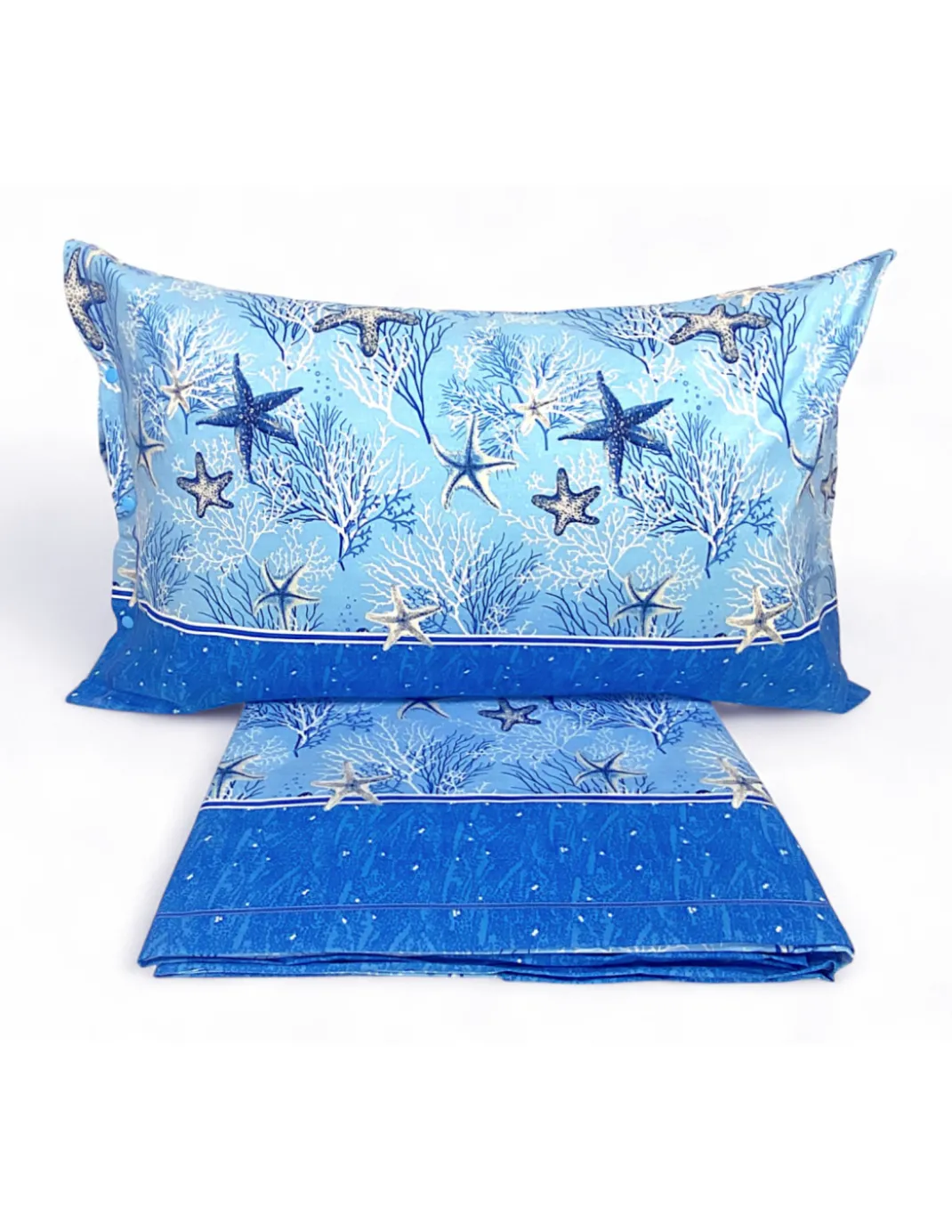 Completo Lenzuola Stelle Marine Blu – Motivo Coralli e Stelle – 100% Cotone – Made in Italy, Lavabile