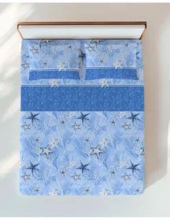 Completo Lenzuola Stelle Marine Blu – Motivo Coralli e Stelle – 100% Cotone – Made in Italy, Lavabile
