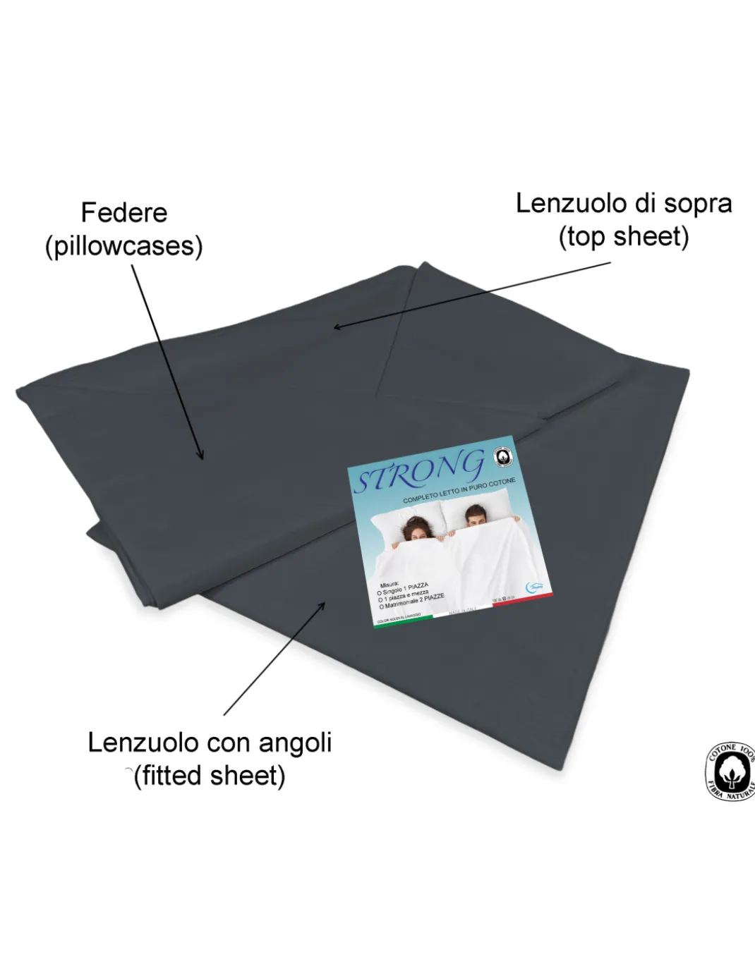 Completo Lenzuola Strong Grigio Piombo 100% Cotone, Set Letto Tinta Unita Lavabile, Morbido, Confortevole, Made in Italy