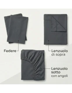Completo Lenzuola Strong Grigio Piombo 100% Cotone, Set Letto Tinta Unita Lavabile, Morbido, Confortevole, Made in Italy