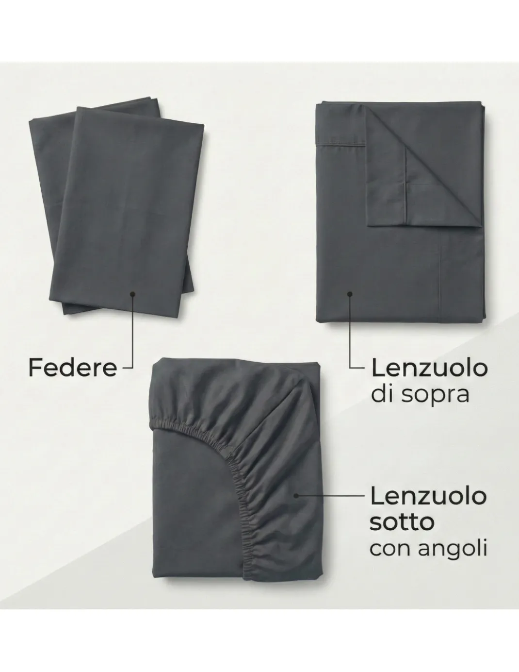 Completo Lenzuola Strong Grigio Piombo 100% Cotone, Set Letto Tinta Unita Lavabile, Morbido, Confortevole, Made in Italy