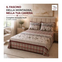 Completo Lenzuola Tirolese Rush 100% Cotone Made in Italy con Sciatori, Cabinovie e Montagne