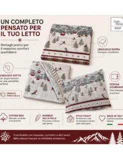 Completo Lenzuola Tirolese Rush 100% Cotone Made in Italy con Sciatori, Cabinovie e Montagne