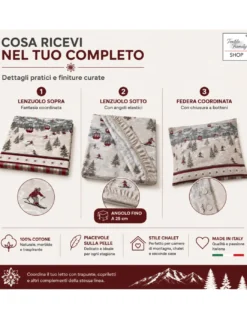 Completo Lenzuola Tirolese Rush 100% Cotone Made in Italy con Sciatori, Cabinovie e Montagne