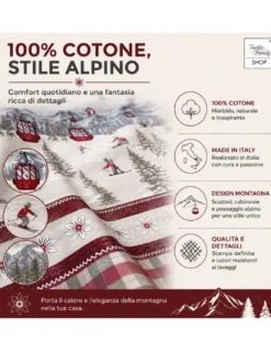 Completo Lenzuola Tirolese Rush 100% Cotone Made in Italy con Sciatori, Cabinovie e Montagne