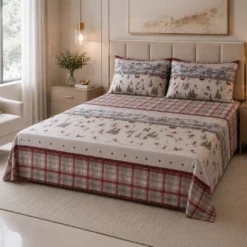 Completo Lenzuola Tirolese Rush 100% Cotone Made in Italy con Sciatori, Cabinovie e Montagne