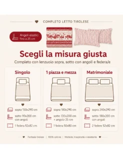 Completo Lenzuola Tirolese Rosso Chalet Valgardena - 100% Cotone Made in Italy - Cuori Cervi Baite Montagna