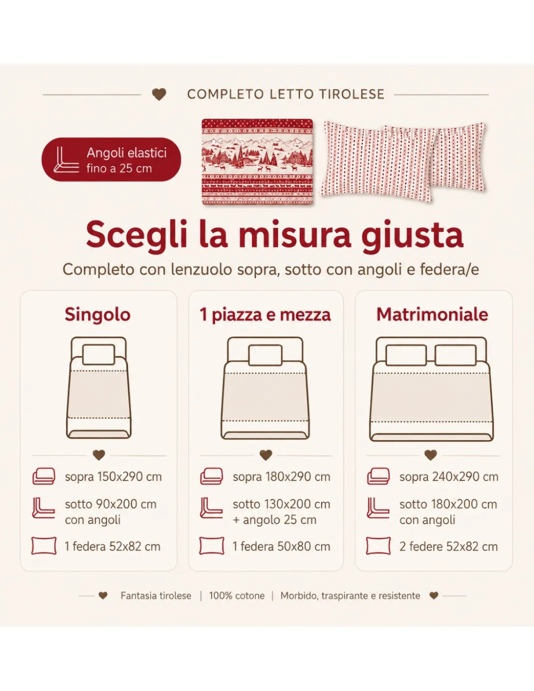 Completo Lenzuola Tirolese Rosso Chalet Valgardena - 100% Cotone Made in Italy - Cuori Cervi Baite Montagna
