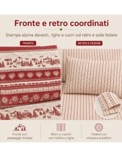Completo Lenzuola Tirolese Rosso Chalet Valgardena - 100% Cotone Made in Italy - Cuori Cervi Baite Montagna