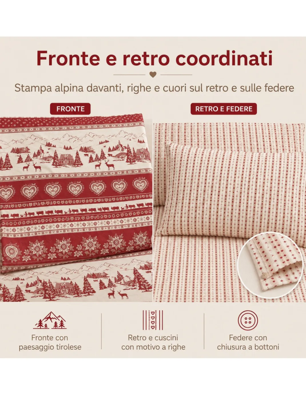 Completo Lenzuola Tirolese Rosso Chalet Valgardena - 100% Cotone Made in Italy - Cuori Cervi Baite Montagna