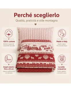 Completo Lenzuola Tirolese Rosso Chalet Valgardena - 100% Cotone Made in Italy - Cuori Cervi Baite Montagna