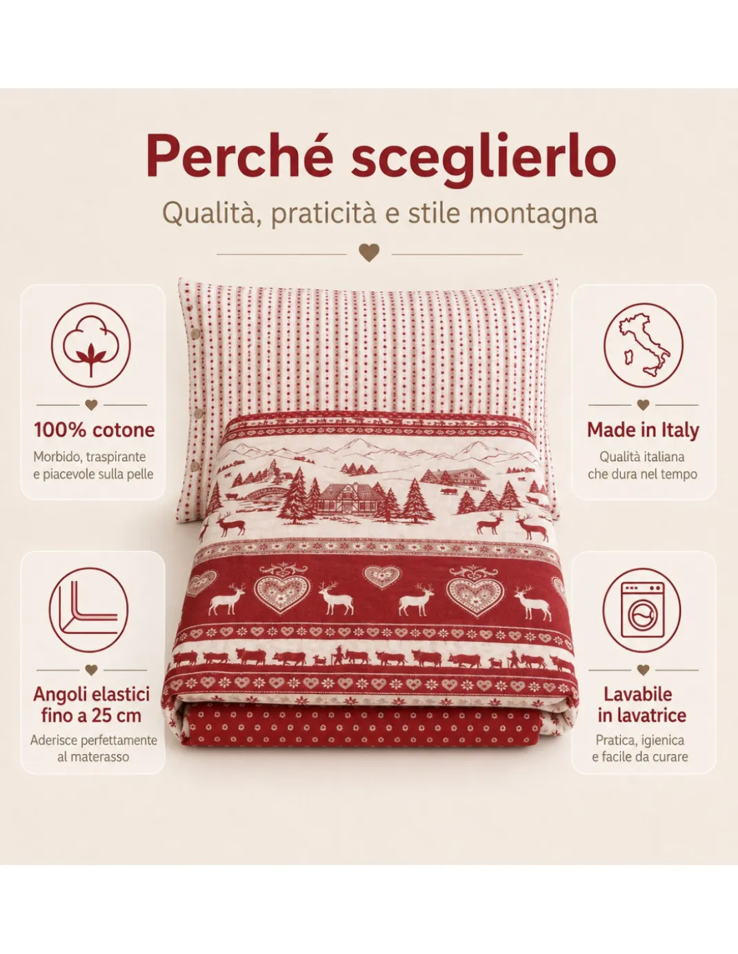 Completo Lenzuola Tirolese Rosso Chalet Valgardena - 100% Cotone Made in Italy - Cuori Cervi Baite Montagna